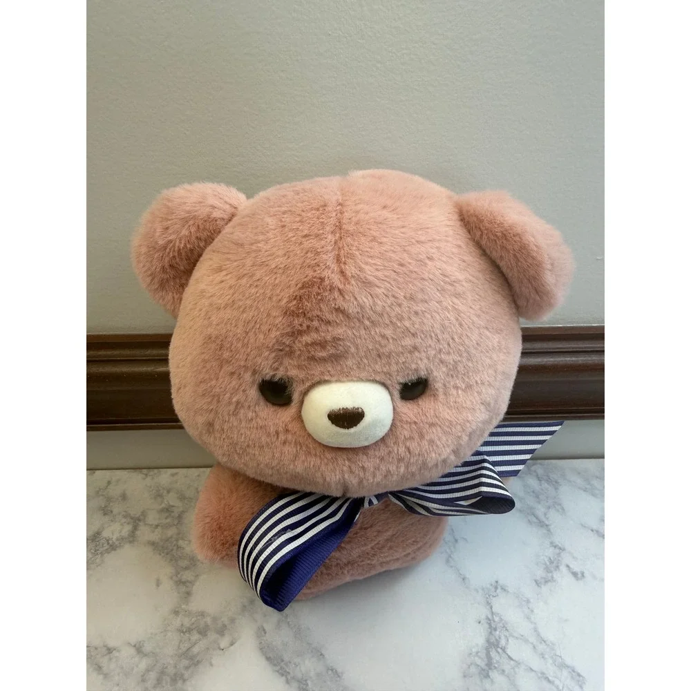 Kawaii Pink Teddy Bear Plush Stuffed Animal with Blue Striped Bow 9 Inch